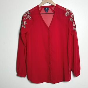 Authentic Icon Womens Red Sheer‎ Button Down Blouse S Beaded Sequin Glam Office